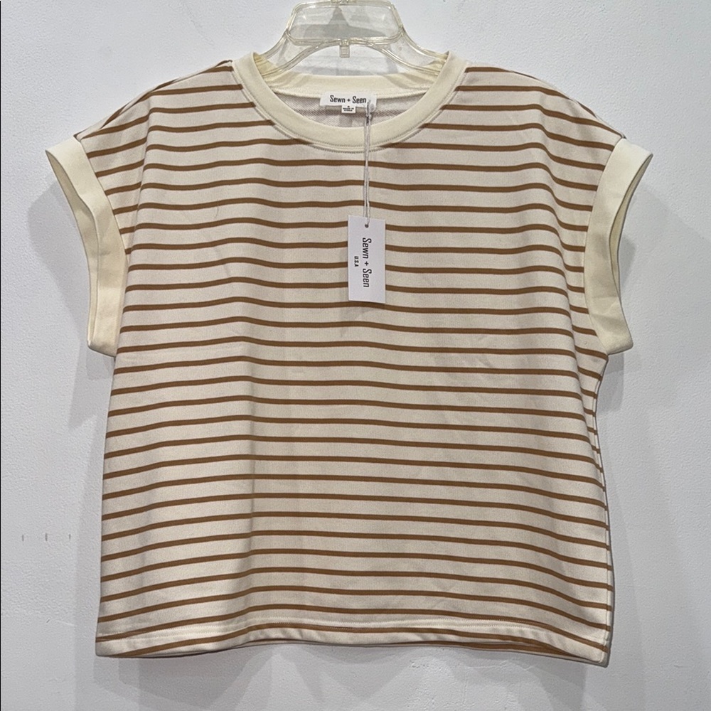 Sewn& Seen Tan Boxy Cap Sleeve T-Shirt with stripes NWT size small